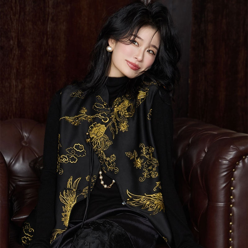 Autumn Retro Tang Suit Vest for Women in Black, Sizes M-XL