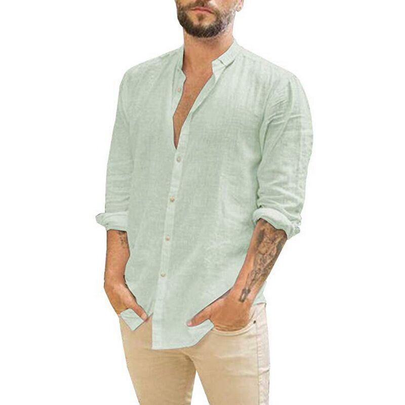 Solid Color Stand-Up Collar Loose Cotton Shirt