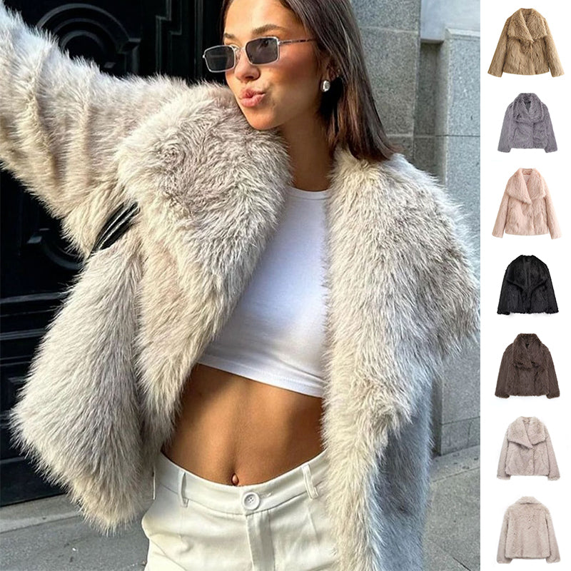 Manteau Hiver en Peluche Épais et Doux à Revers, Veste Longue Décontractée à Manches Longues pour Femmes