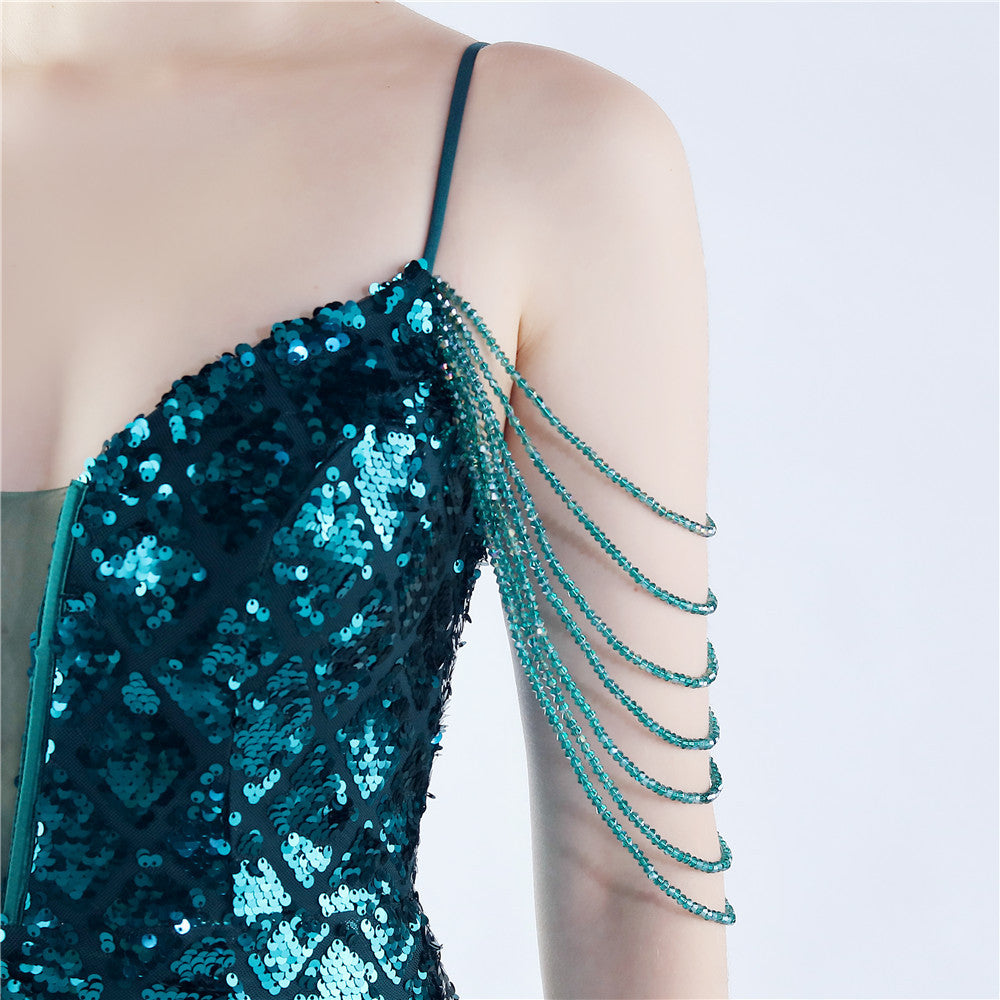 A Classy Trendy Fishbone Waist-tight Ratchet Tie Down Magic Color Sequin Craft Beaded High-end Evening Dress
