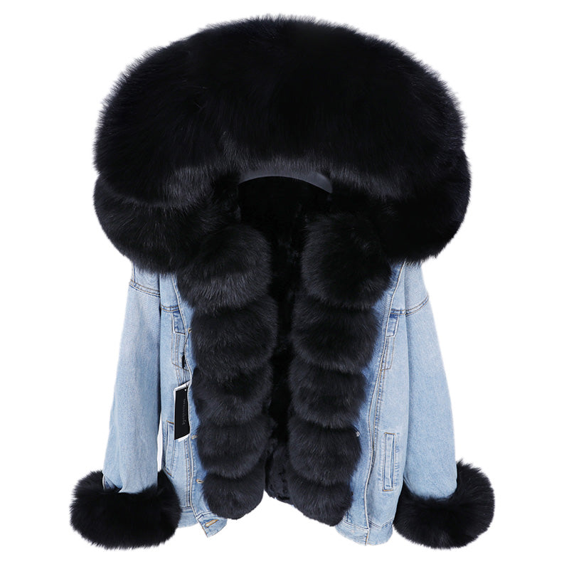 Denim Style Coat with Detachable Rabbit Hair Liner and Fur Collar