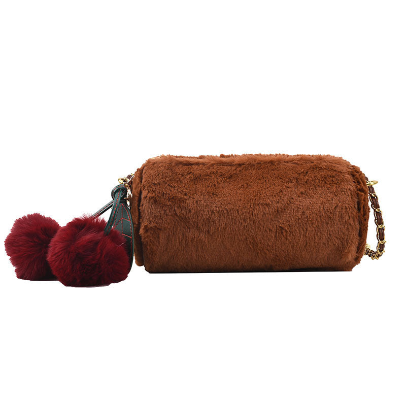 Winter Plush Cylinder Baguette Bag with Cherry Metal Chain