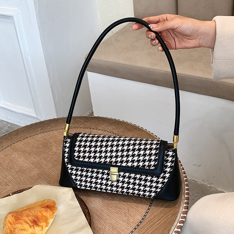 Frosted Color Matching Houndstooth Fashion Baguette Bag for Women