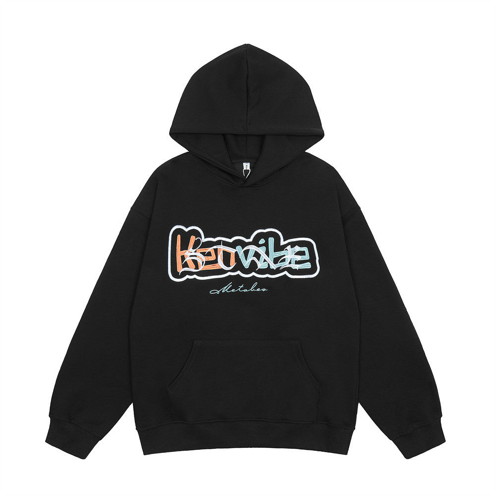Men's Loose Fleece-Lined Embroidered Hoodie Shirt