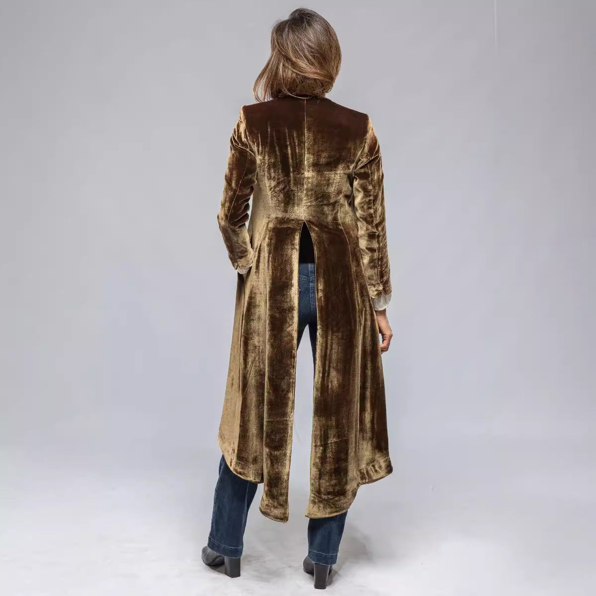 Women's Velvet Long Cardigan Solid Color Retro Split Trench Coat Loose Overcoat