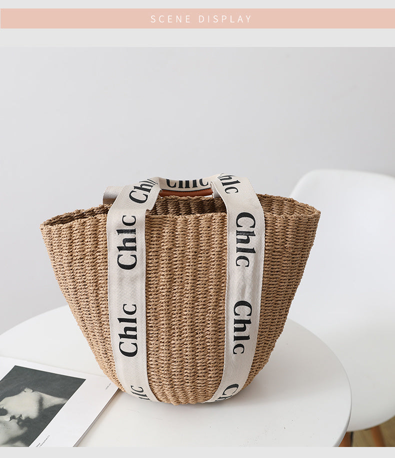 Hand-Woven Paper Bucket Bag for Women with Shoulder Strap