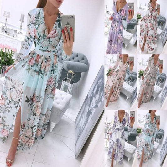 Long Sleeve Chiffon Printed Bohemian Dress Women