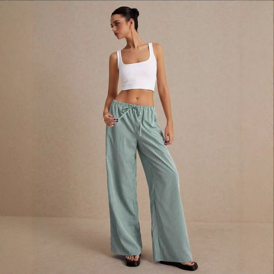 Women's Dark Green Loose Straight Trousers with Elastic Waist