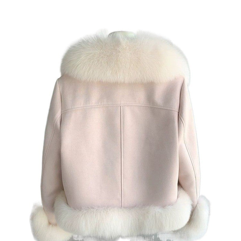 Manteau de fourrure rose abricot kaki pour femme avec manches volantées