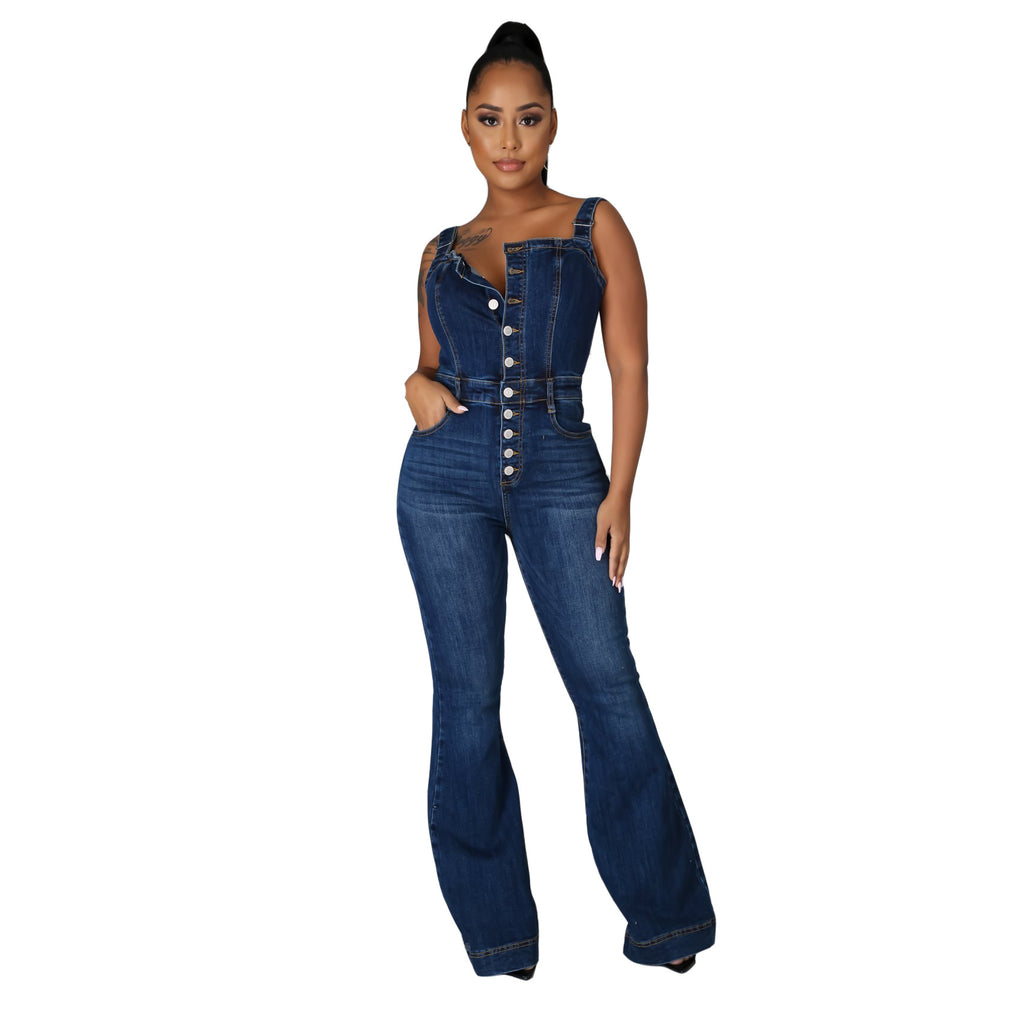 Women's Dark Blue Denim Casual Jumpsuit Mid Waist Wide Leg