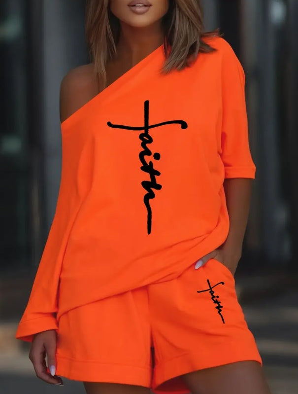 Ensemble 2 pièces imprimé Lettre de Foi Haut et Pantalon en Polyester