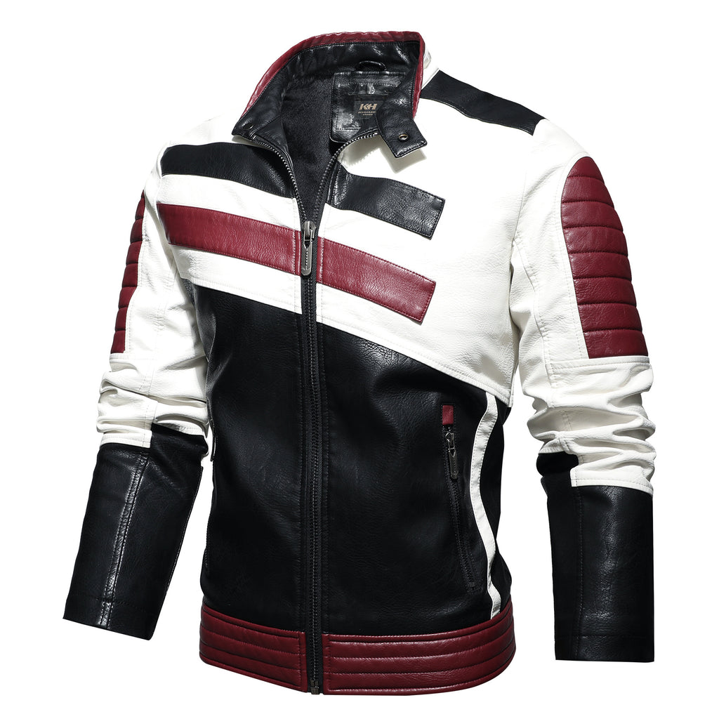 Men's Slim-Fit Motorcycle Leather Jacket with Stand Collar