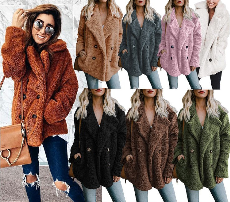 Autumn Winter Button Suit Collar Pocket Blouse Polyester Fiber