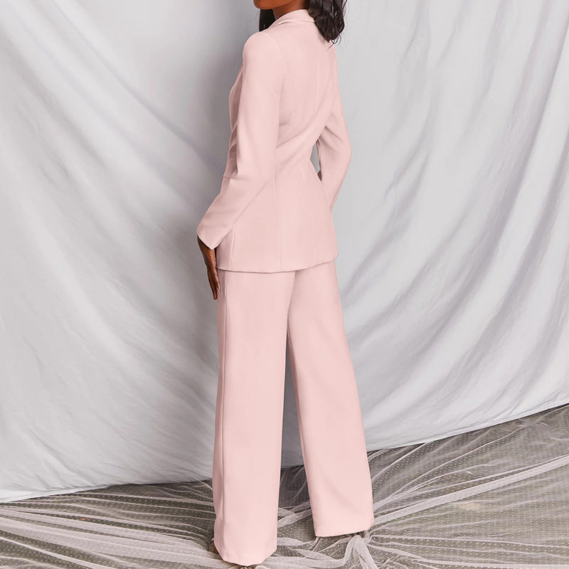 Ensemble blazer décontracté à revers et boutons et pantalon droit pour femme (2 pièces)