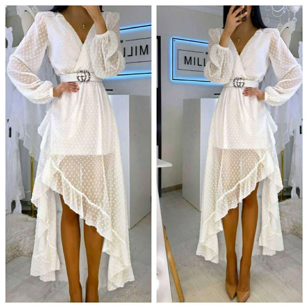 Fashion and elegant dress with waist polka dot V-neck