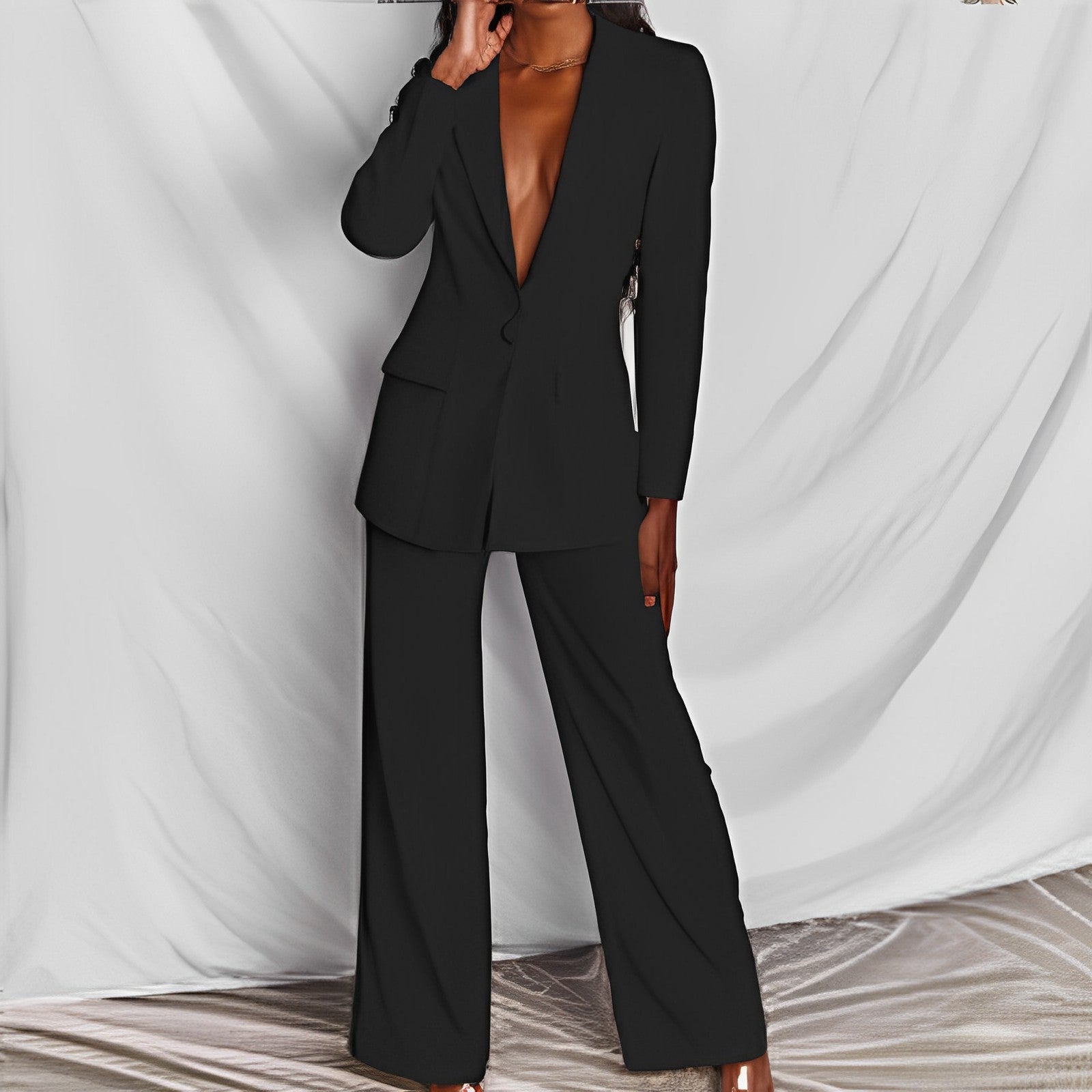 Ensemble blazer décontracté à revers et boutons et pantalon droit pour femme (2 pièces)