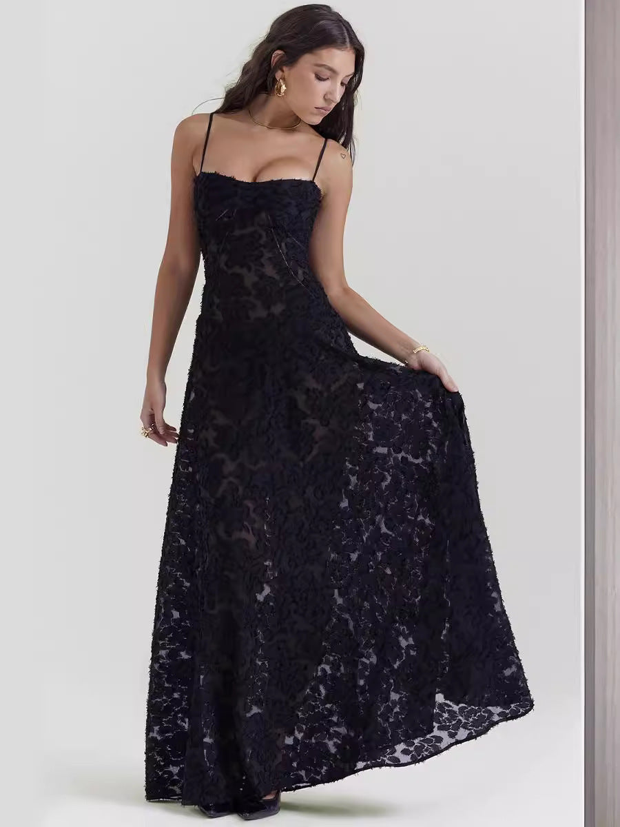 Robe Longue de Soirée Sexy en Dentelle Florale à Lacets et Bretelles pour Femme, Été, Coupe Ajustée