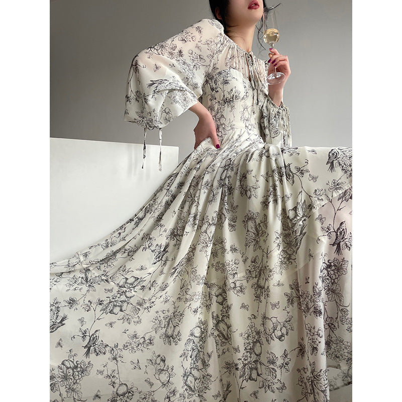 French Evening Dress Chiffon Waist Print Polyester Fiber