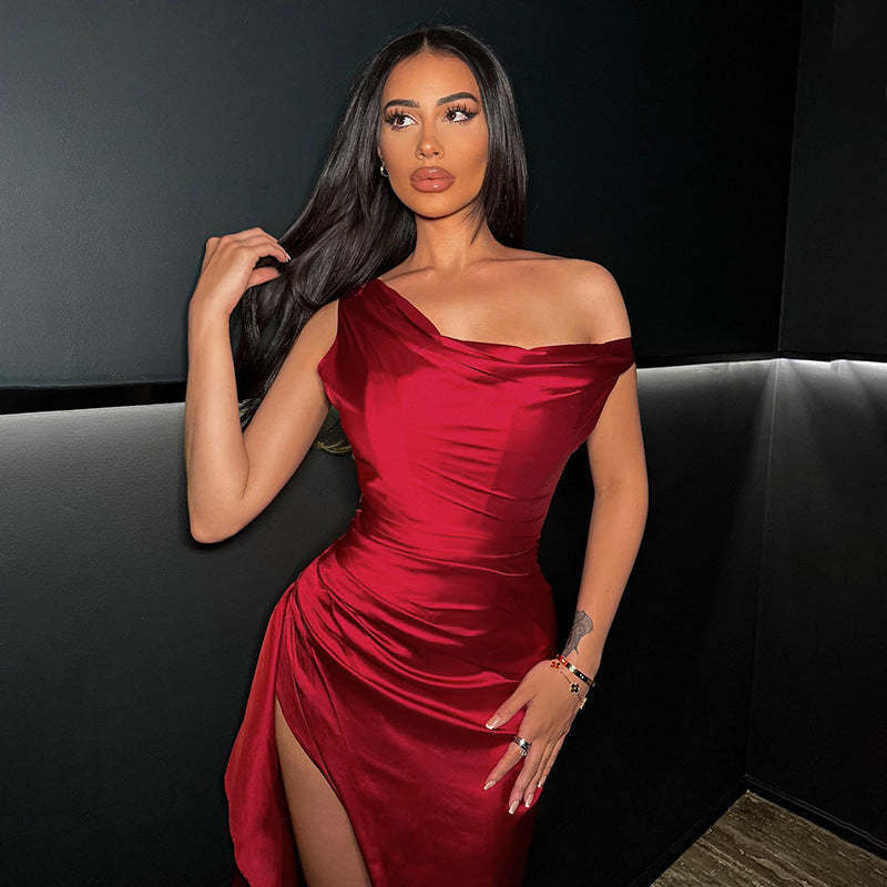 Women's Satin High Waist Slit Dress in Black, Red & Blue