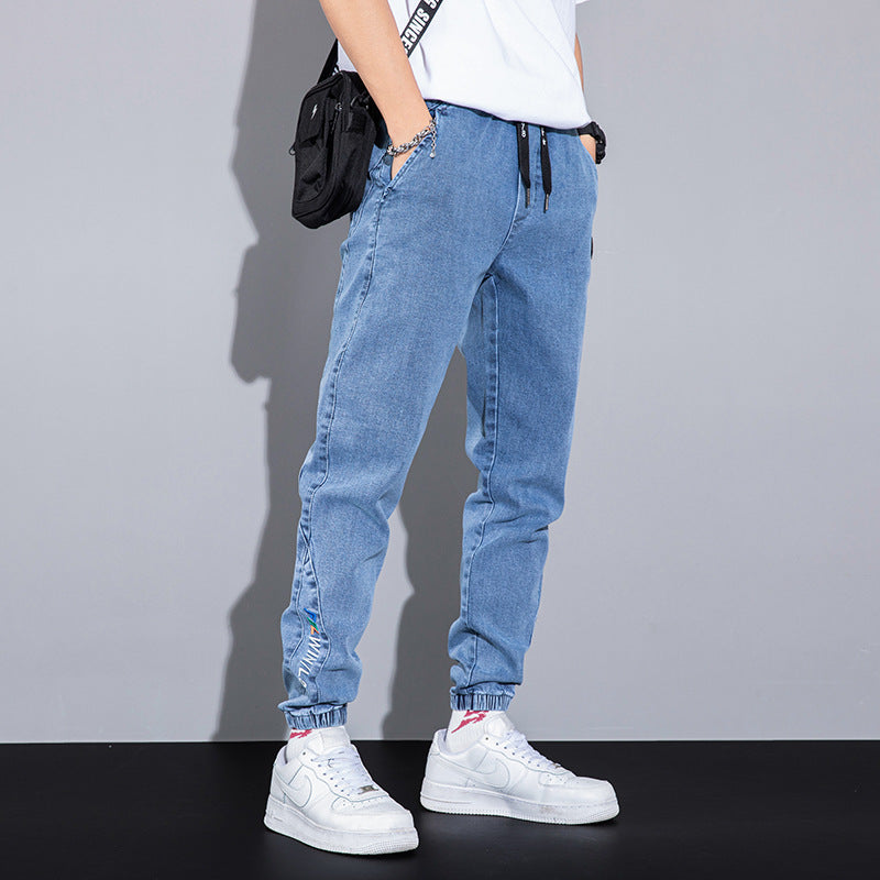Jeans en denim coupés brodés amples style coréen pour homme