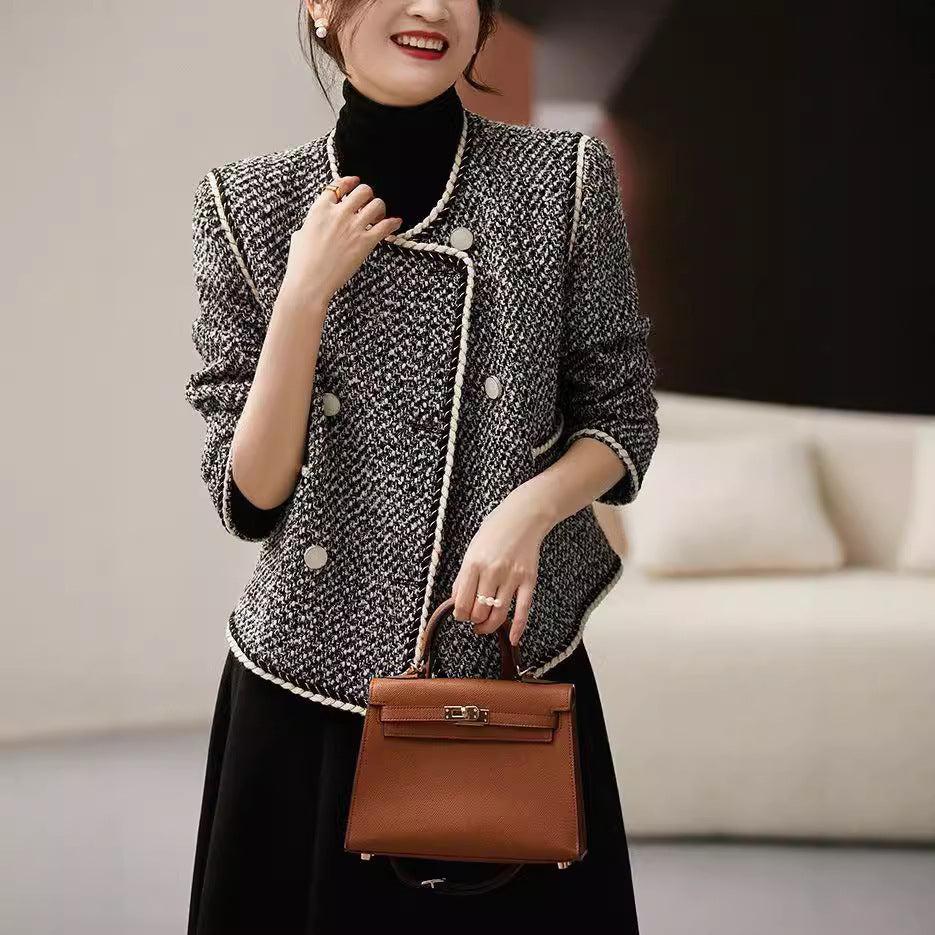 Double Breasted Tweed Western Style Short Coat for Women, Black & White, S-2XL