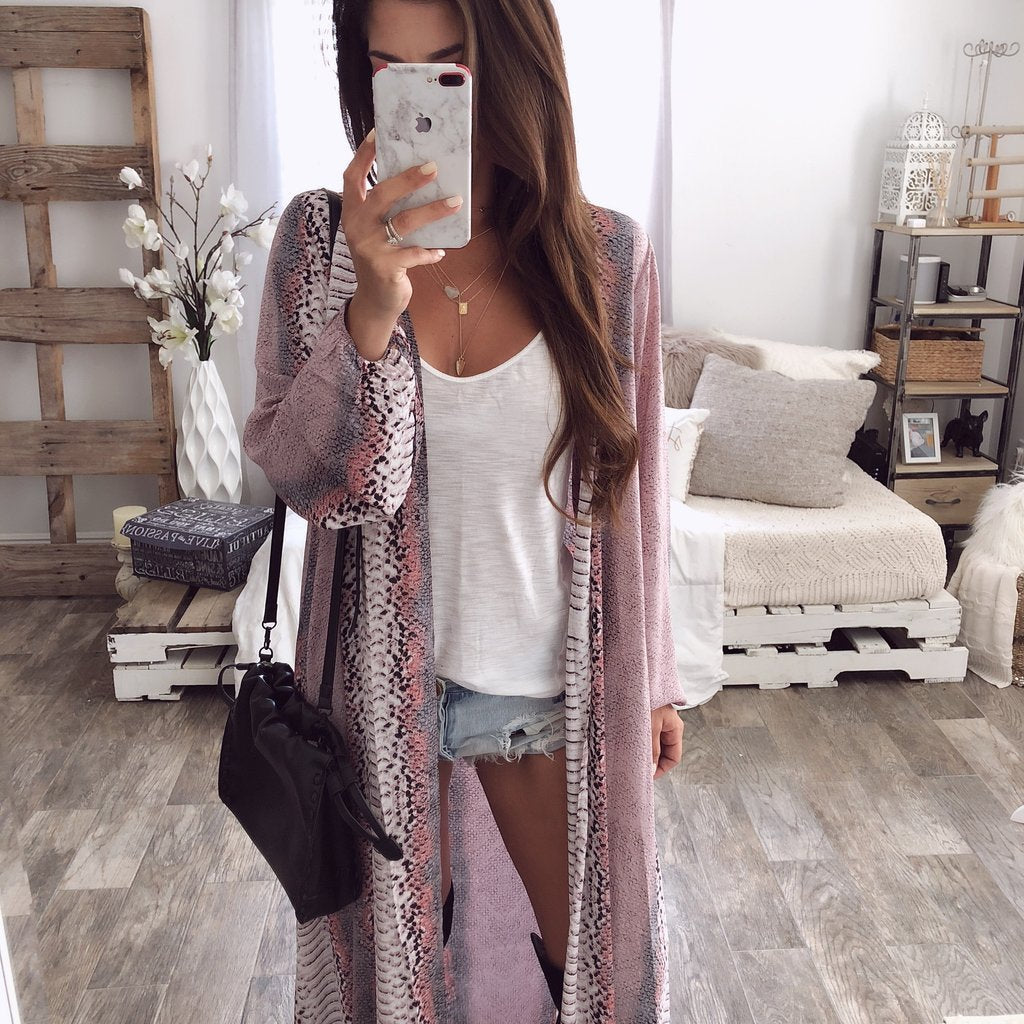 Manteau Long Cardigan Ample Imprimé Serpent en Mélange de Chanvre