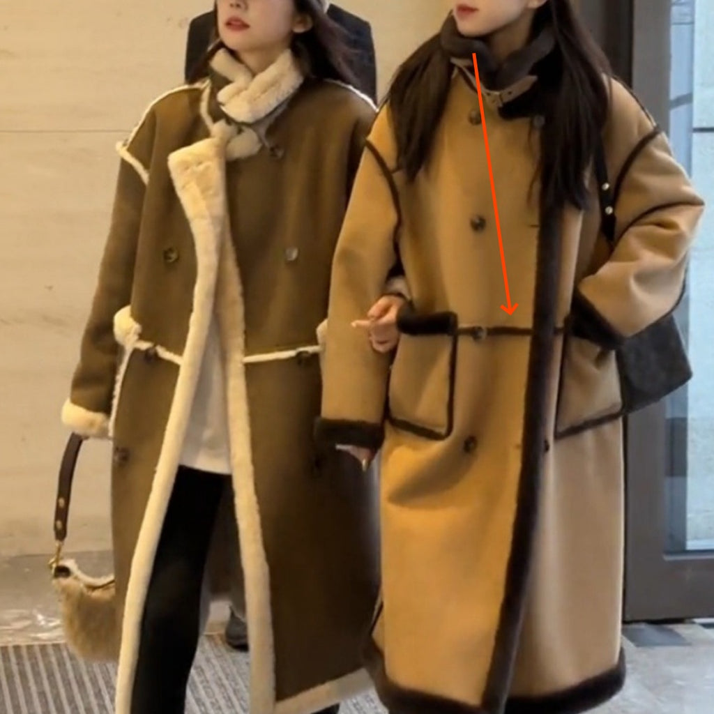 Manteau long ample d'hiver en laine d'agneau et cachemire double face pour femme avec particules de fourrure