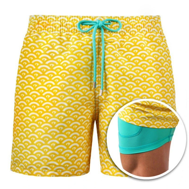 Men's Printed British Stripe Beach Shorts Double Layer Cotton Blend