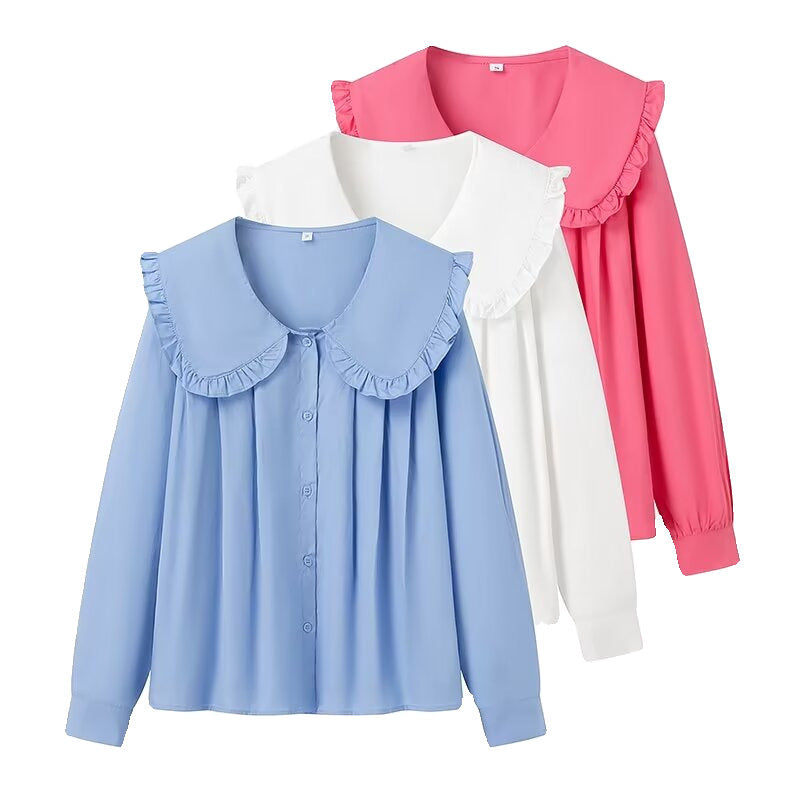 Women's Doll Collar Long-Sleeve Casual Shirt Polyester S-XL