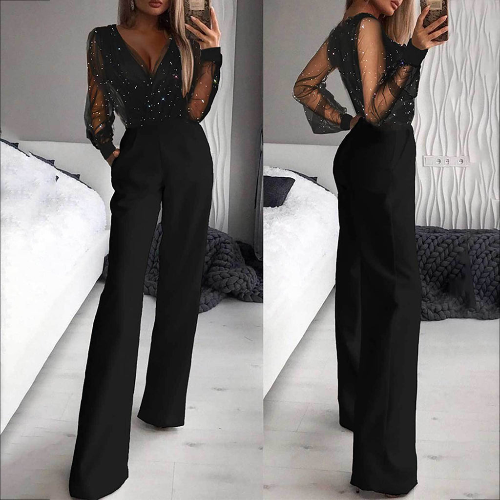 Women's Black Mesh Patchwork Jumpsuit Polyester Fiber