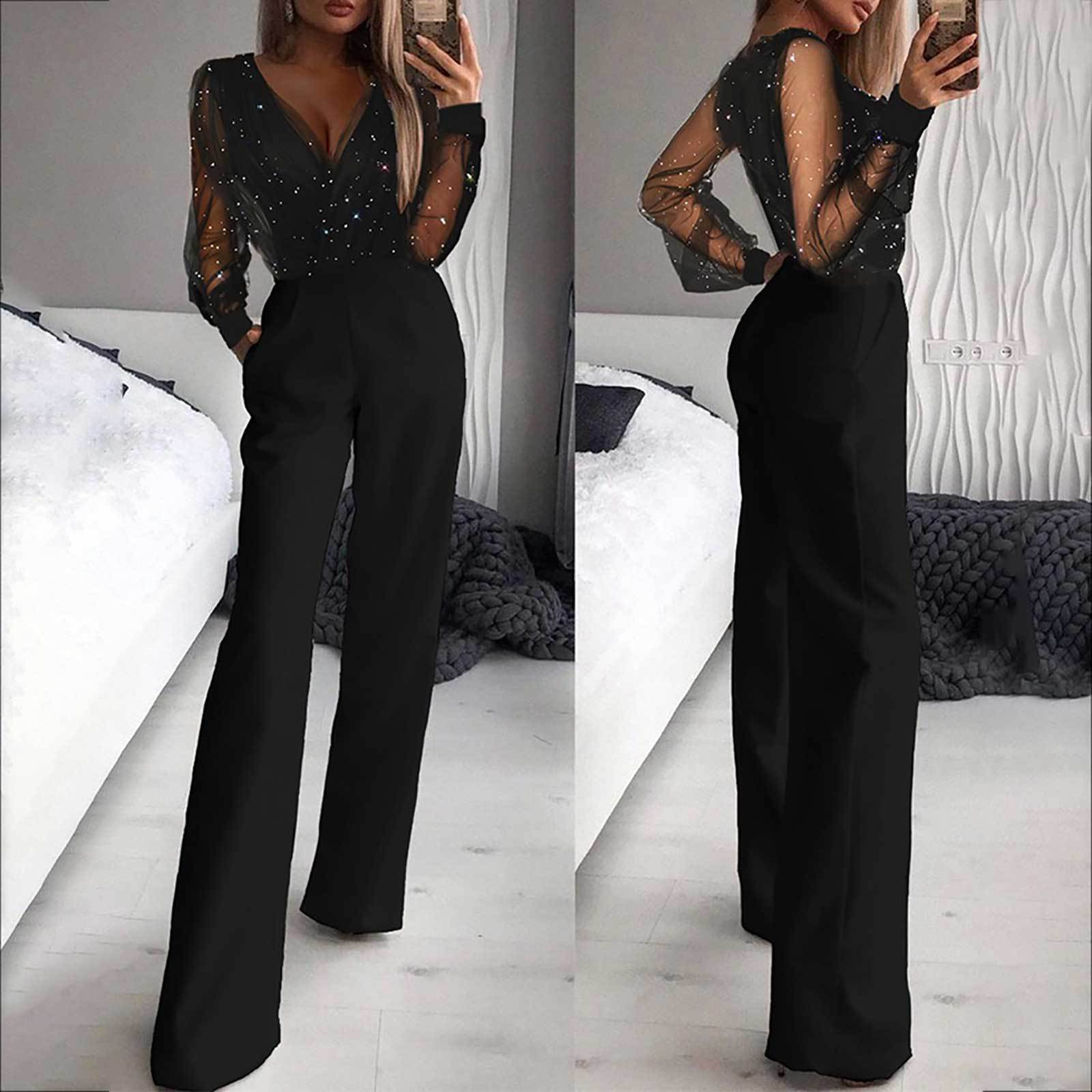 Women's Black Mesh Patchwork Jumpsuit Polyester Fiber