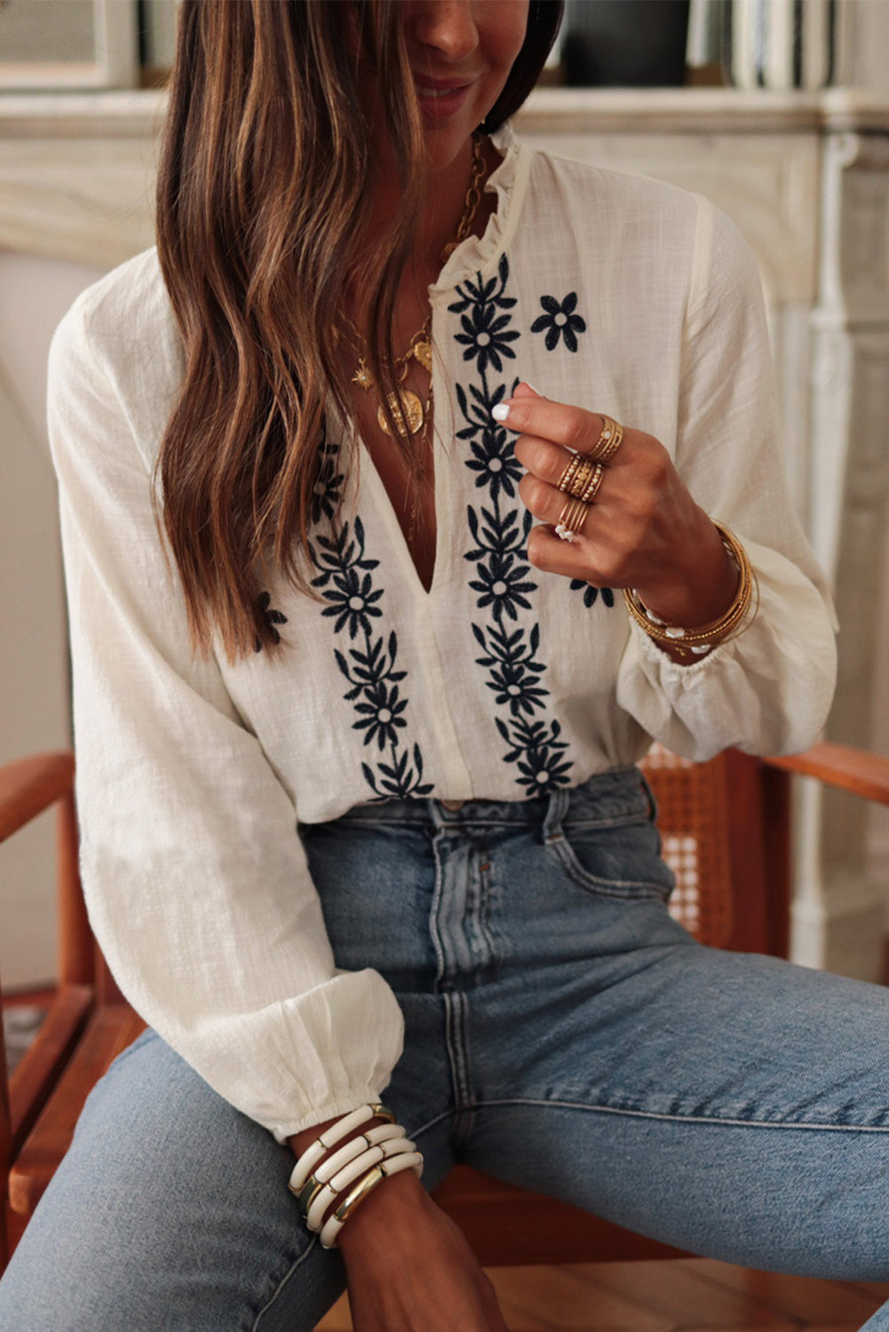 White Floral Embroidered V Neck Puff Sleeve Frilled Blouse