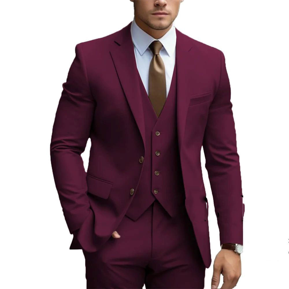 Men's Business Casual Slim Fit Three-Piece Suit Cotton Blend