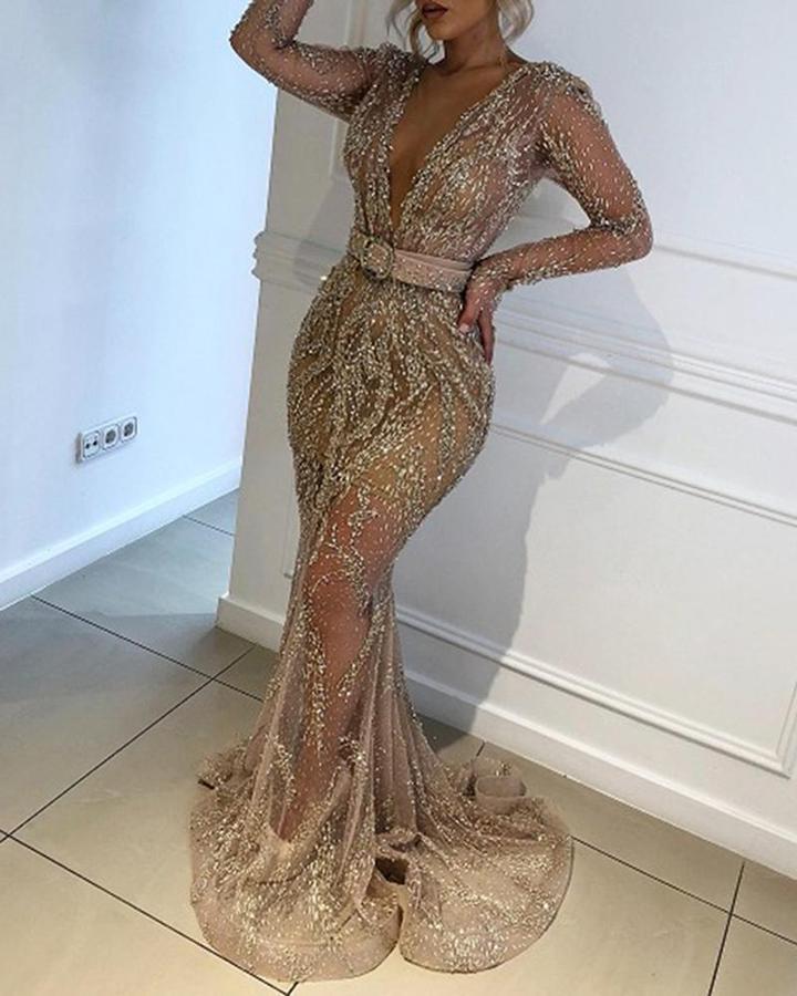 Gold Sequined Long Sleeve Swing Dress Large Banquet Party Dress