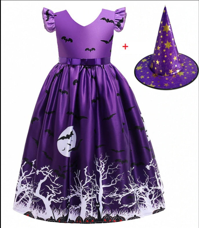 Halloween Princess Dress with Printed Mesh and Hat, Sizes 120-160cm
