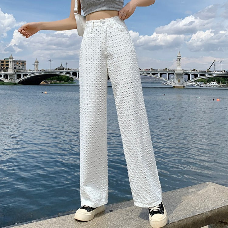 Loose Straight Wide Leg High Waist Cotton Blend Trousers