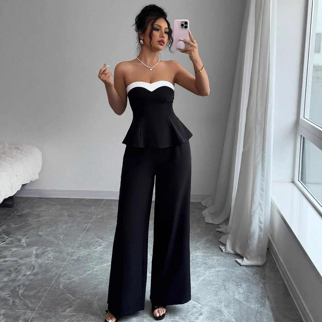 Elegant Stitching Off-the-shoulder Vest Wide-leg Trousers Set For Women