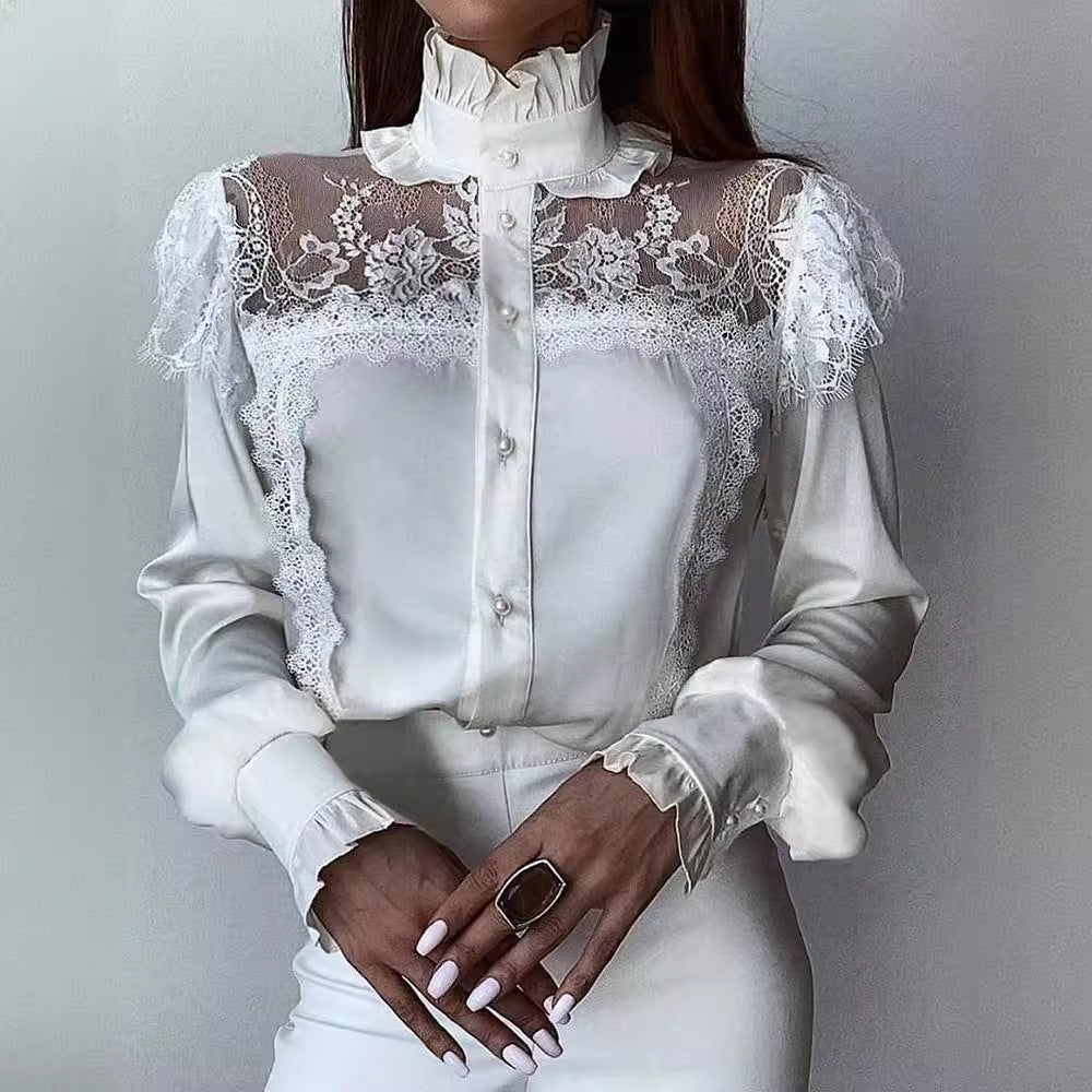Chemise Femme en Modal à Manches Longues avec Coutures en Dentelle Blanche et Liseré