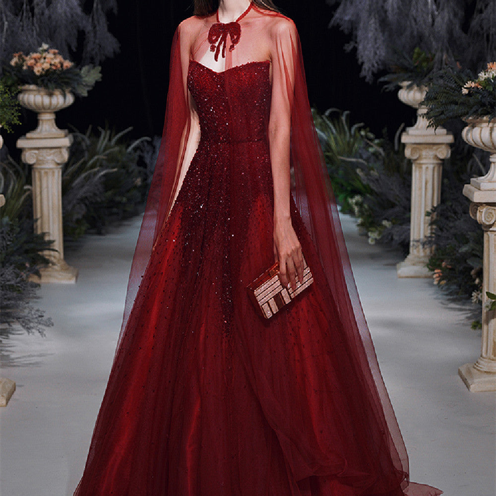 Luxury Wine Red Middle-Waist Bridal Toast Dress Long Skirt