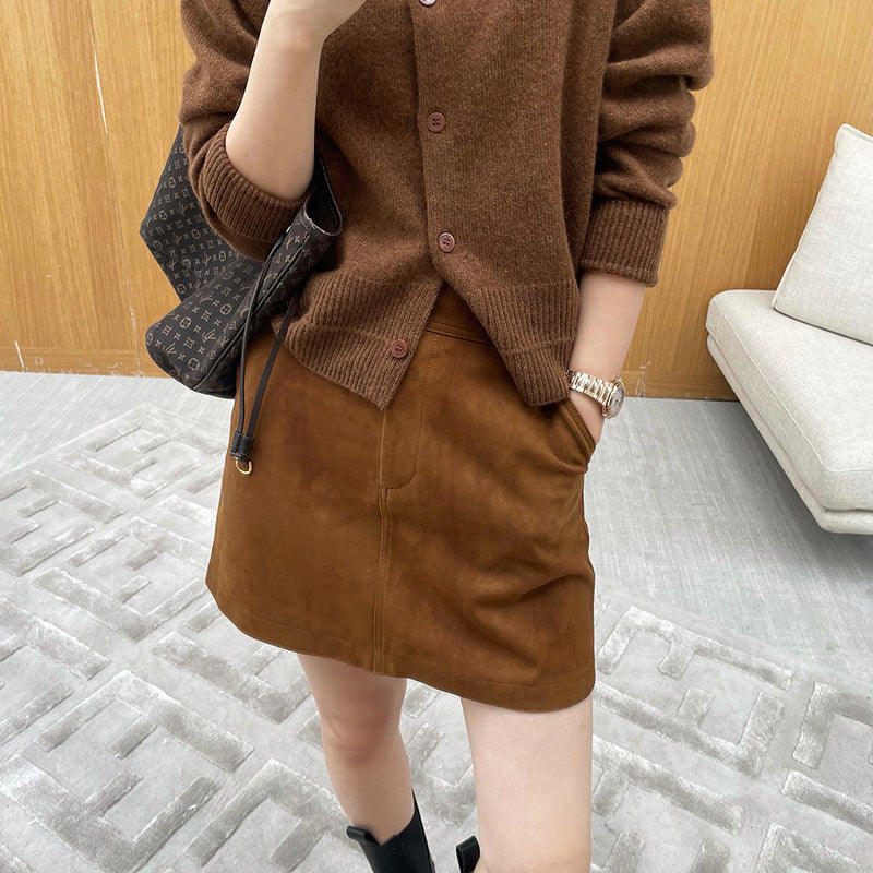 Genuine Leather High Waist Sheath Skirt for Spring and Autumn
