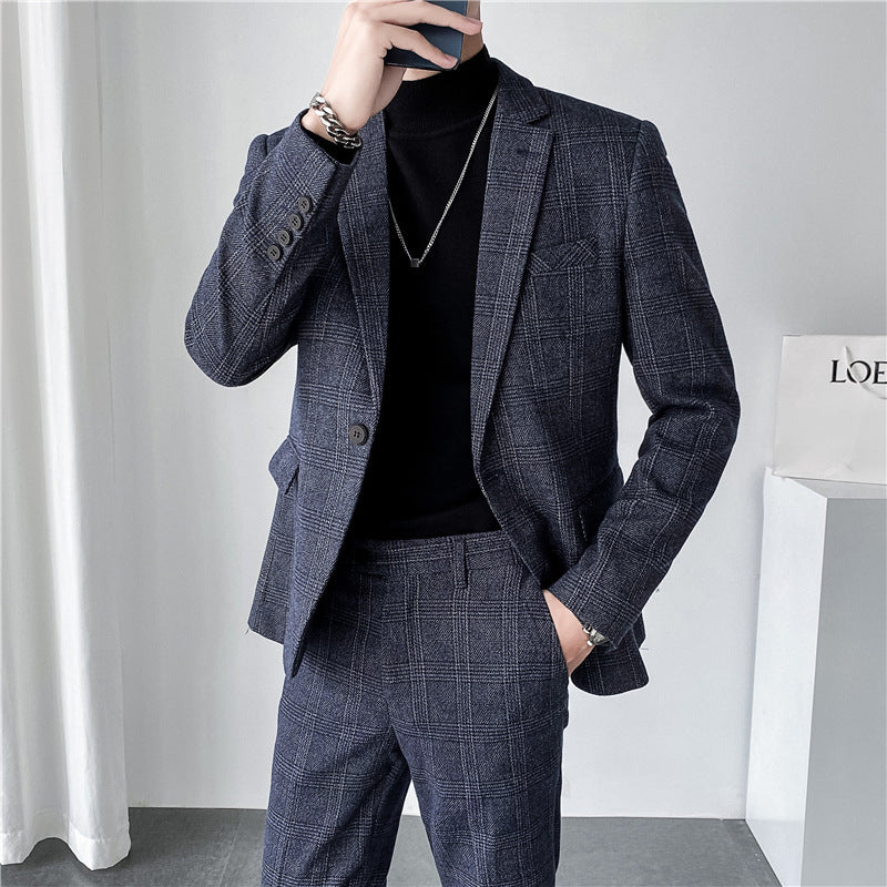 Men's Slim Fit Plaid Two-Piece Business Casual Suit