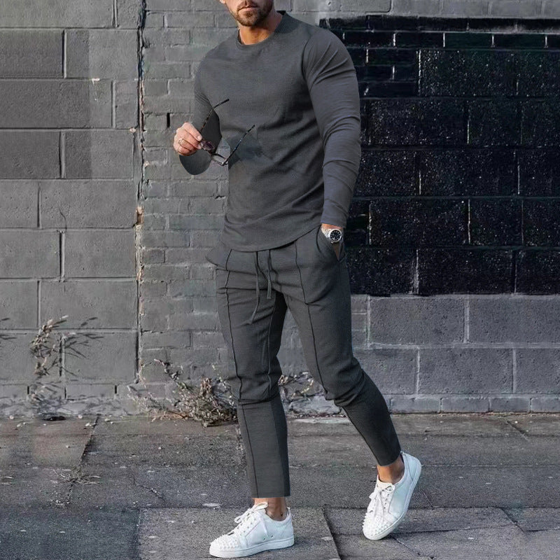 Ensemble pull col rond à manches longues coupe ajustée et pantalon cigarette à cordon de serrage pour homme