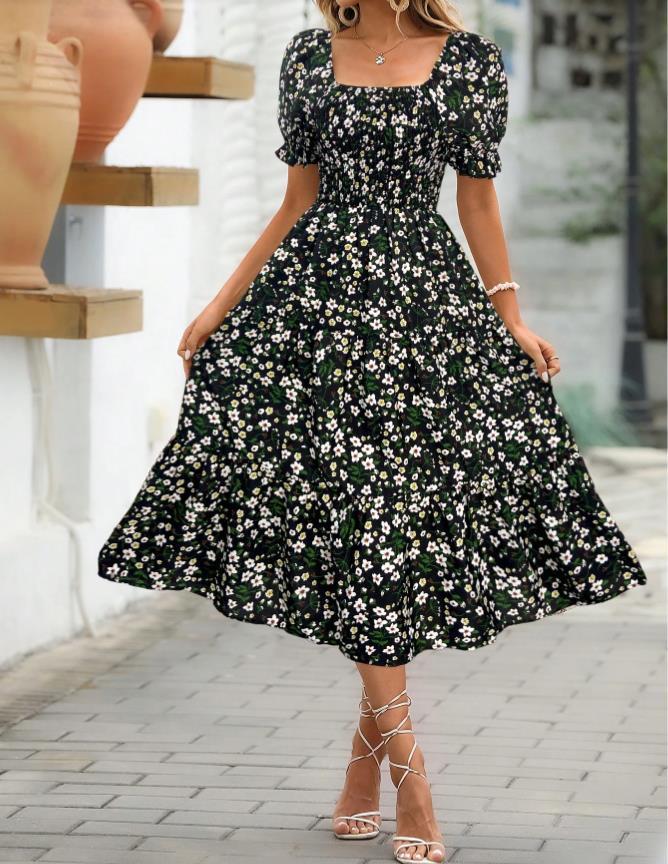 Robe Étagée Imprimé Floral Col Carré Manches Bouffantes