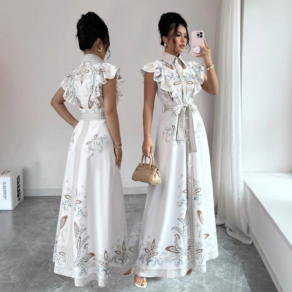 Robe mi-longue pour femmes du Moyen-Orient, imprimée rétro, à manches longues, taille cintrée et col montant