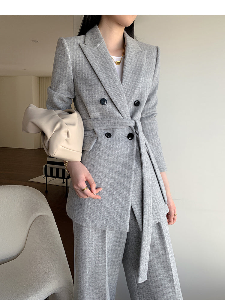 Women's Gray White Striped Wool Suit Coat with Wide Leg Trousers