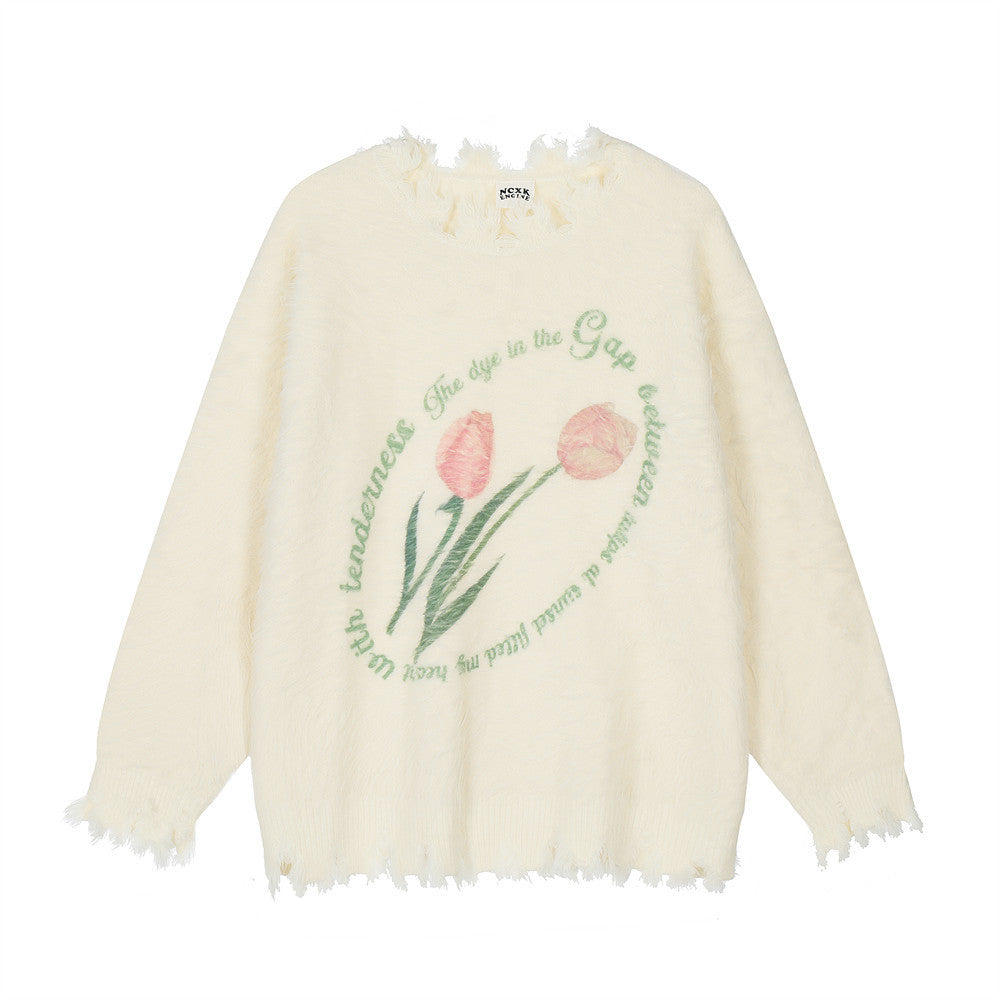 Flower Print Loose Sweater Bottoming Men