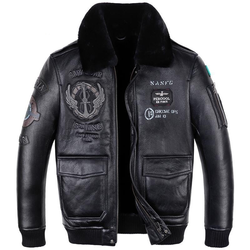 Men's Genuine Sheepskin Leather Flight Jacket - Loose Fit, Short Length