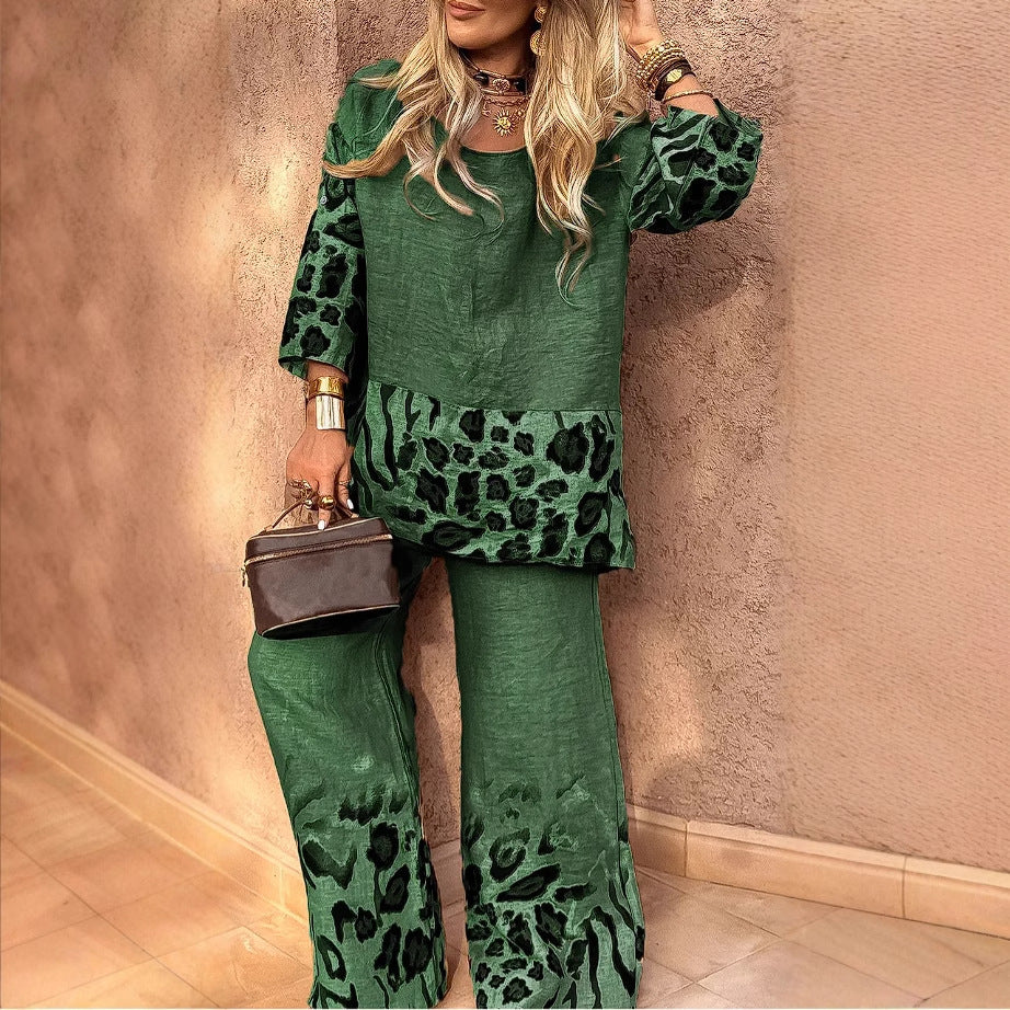 Women's Casual Cool Cotton And Linen Leopard Print Printed Two-piece Suit