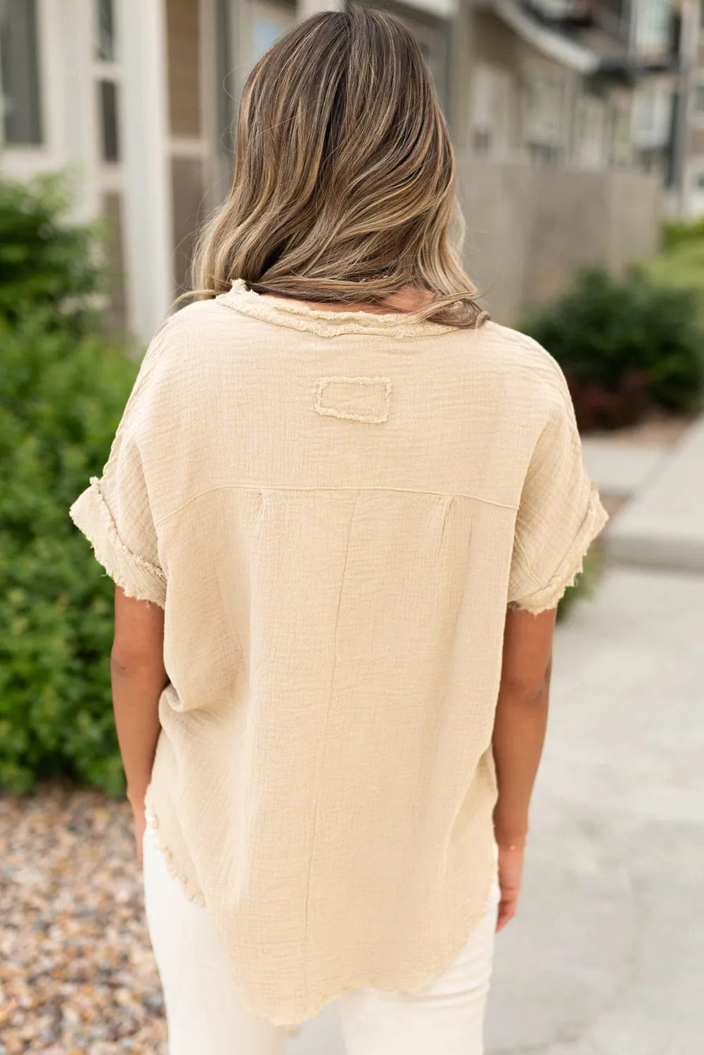 Parchment Crinkle Textured Half Button Short Sleeve Top with Frayed Trim