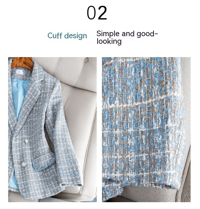 Manteau en Laine Tweed à Carreaux avec Poches - Coupe Cintrée, Bleu, Noir & Rose Abricot, Tailles S-3XL